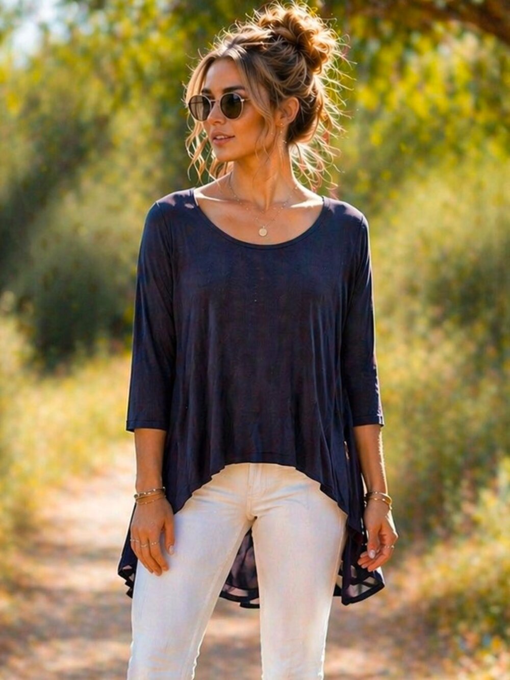 Pebble and Stone Navy Blue Ruffled Back ¾ Sleeve High-Low Top Small